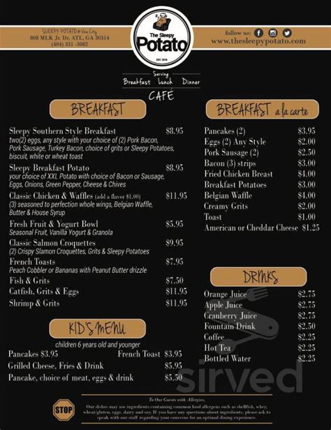 The sleepy potato - View the Menu of The Sleepy Potato in 4223 Covington Hwy, Decatur, GA. Share it with friends or find your next meal. XL LOADED POTATOES WITH YOUR CHOICE OF MEAT AND VEGGIES. 15 DIFFERENT FLAVORS TO...